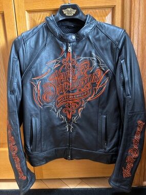 Harley-Davidson WOMEN’S Black Leather Bomber Jacket with Orange Script Graphics